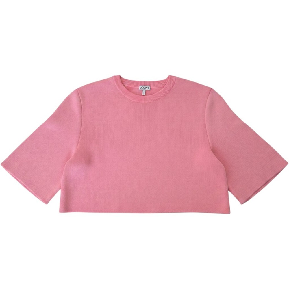 Loewe Pink Cropped Knit Top Anagram Leather Patch Viscose Cotton Made in Italy M